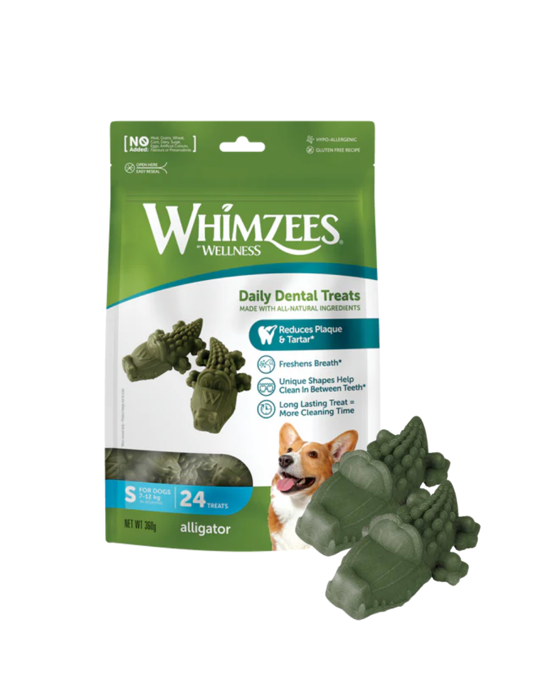 Whimzees Snacks Vegetales "Alligator" Talla S - 24 Unidades